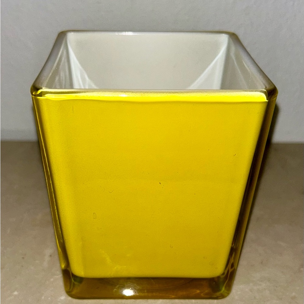 Teleflora yellow, square vase / planter / candle holder. 4.75”